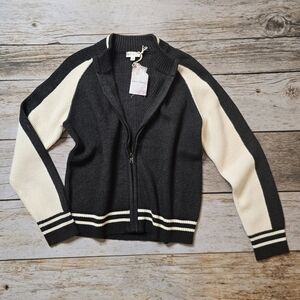 Black and White Striped Zip-Up Cardigan